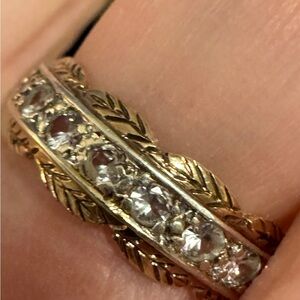 Solid 9K Yellow Gold Etched Leaf Natural Topaz Woman’s Wedding Ring Band Sz 6.25
